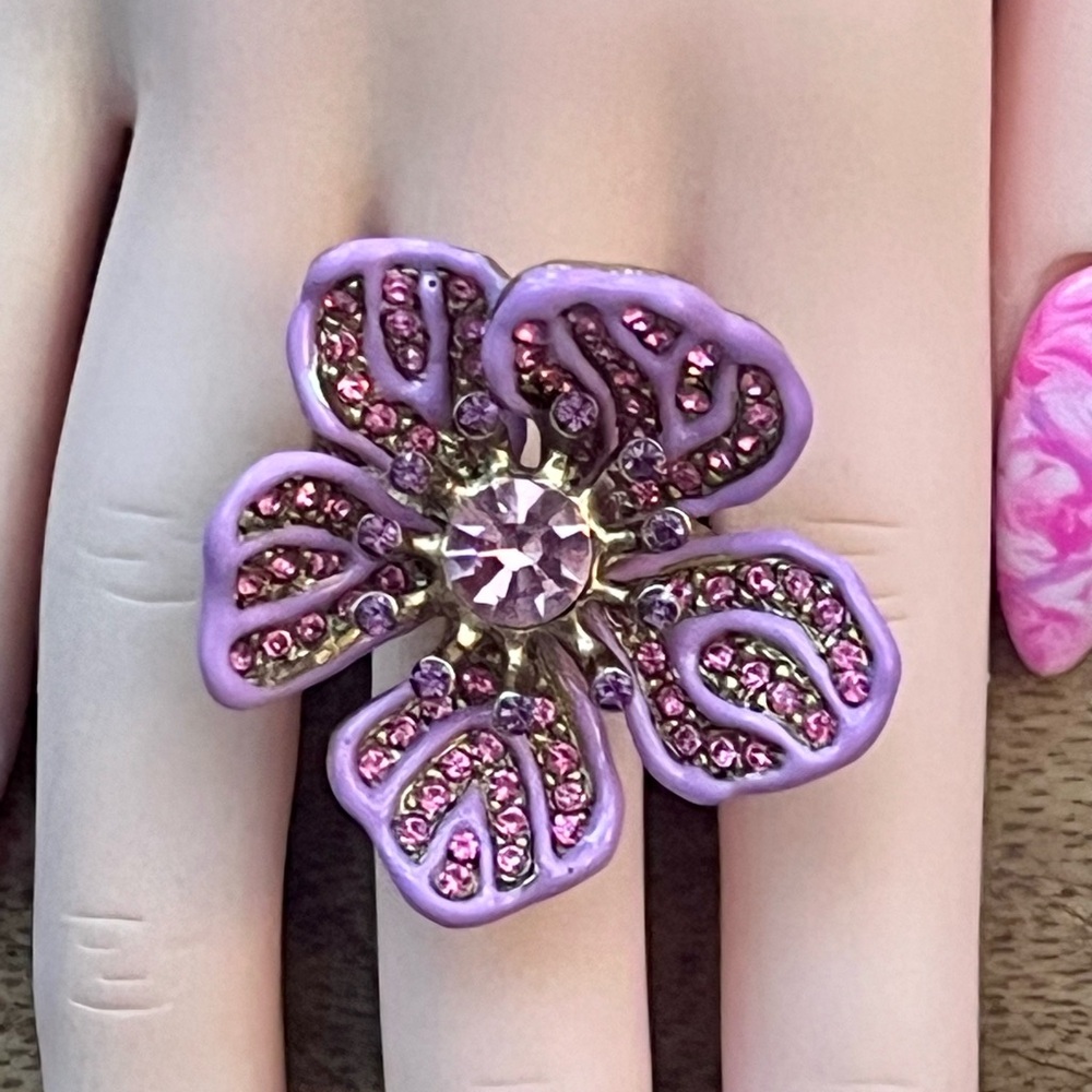 Oscar de la Renta Pink Floral Flower Statement Ring Size 6 Crystal Enamel Resin - Picture 13 of 13